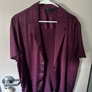 ASOS Burgundy Satin Short Sleeve Shirt